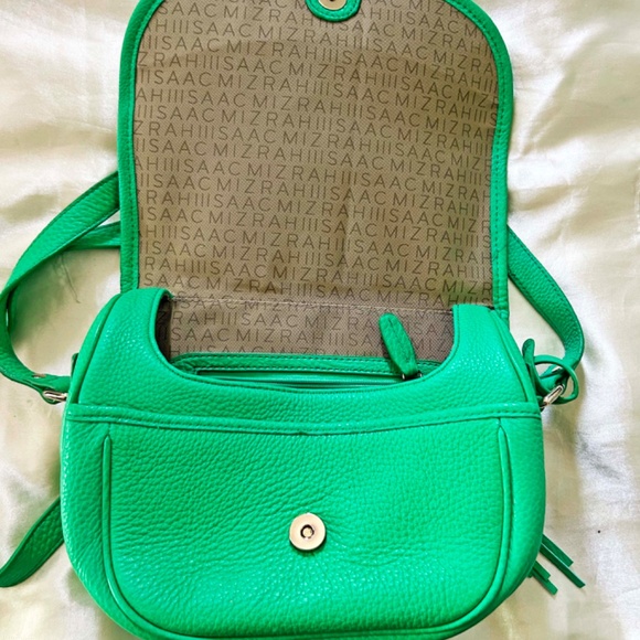 SADDLE BAG, ISAAC MIZRAHI SOFT LEATHER, SHAMROCK GREEN, SHOULDER STRAP, LINED - Picture 9 of 13